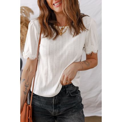 White Scalloped Lace Trim Jacquard Textured T Shirt
