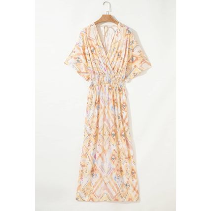 Multicolour Geometric Print Half Sleeve Shirred High Waist Maxi Dress