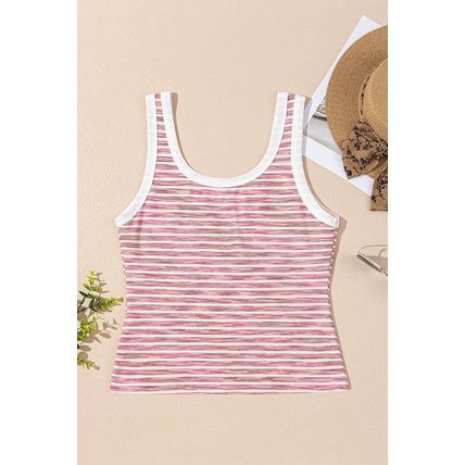 Pink Stripe Contrast Trim Yarn-dyeing Knit Tank Top