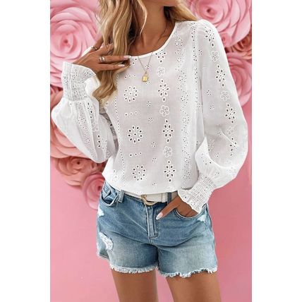 White Eyelet Embroidered Smocked Cuff Sheer Blouse