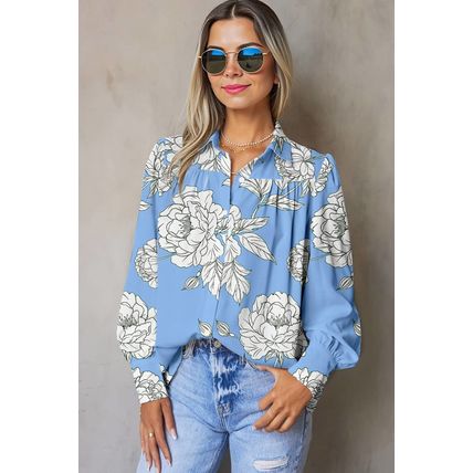 Sky Blue Floral Print Button Up Pleated Detail Puff Sleeve Shirt