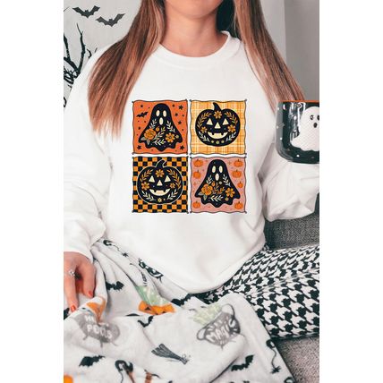 White Halloween Ghost Pumpkin Face Floral Checkered Graphic Sweatshirt