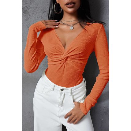 Orange Textured Twist Front V Neck Long Sleeve Slim Solid Color Top