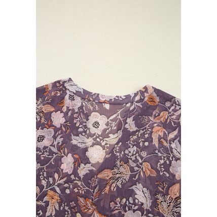 Blue Boho Flower Print 3/4 Sleeve Babydoll Blouse