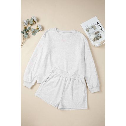 Light Grey Girly Bow Embroidered Detail Puff Sleeve Pullover 2pcs Short Set
