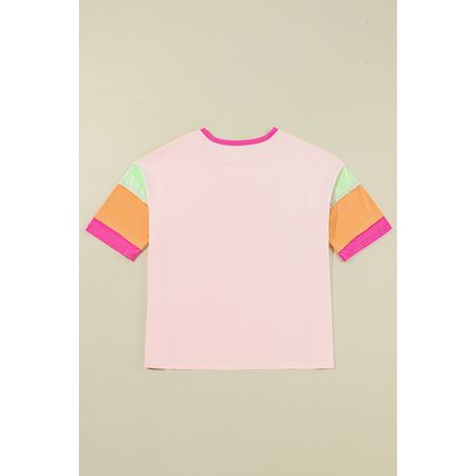 Pink Sequined Horseshoes Pattern Colorblock Half Sleeve Patchwork Tee