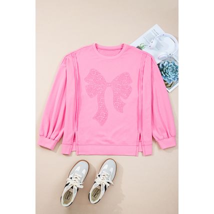 Pink Big Bow Lace Embroidered Dolman Sleeve Slit Plus Size Sweatshirt