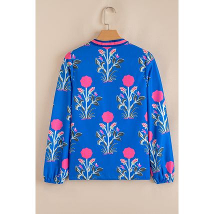 Blue Floral Print Contrast Striped Trim Notched Neck Long Sleeve Blouse