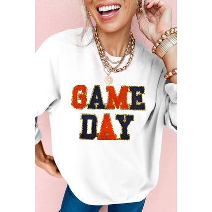 White GAME DAY Chenille Letter Graphic Sweatshirt