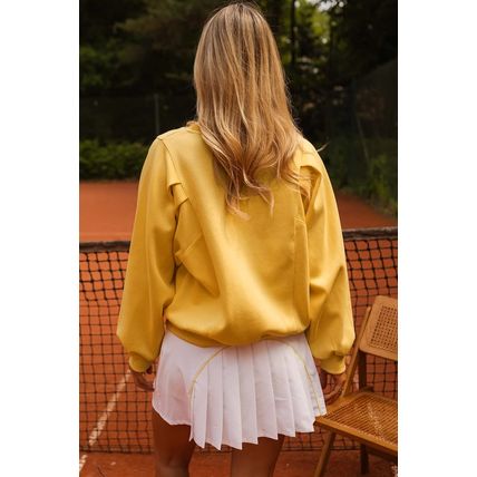 Citrus Pleated Balloon Sleeve Pullover Solid Sweatshirt