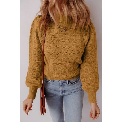 Jurassic Gold Hollow Out Crochet Ribbed Edge Balloon Sleeve Sweater