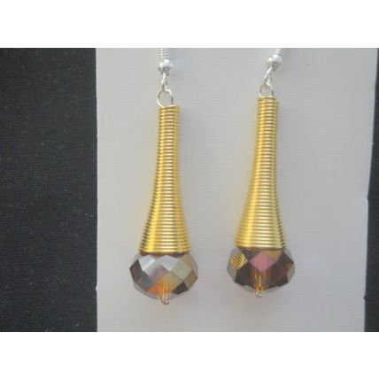 Large fire polished rich cognac crystal glass coil earrings