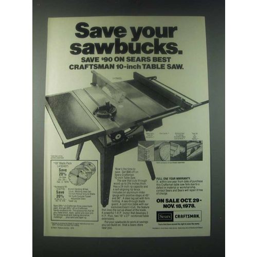 1978 Sears 10-Inch Table Saw Ad - Save Your Sawbucks