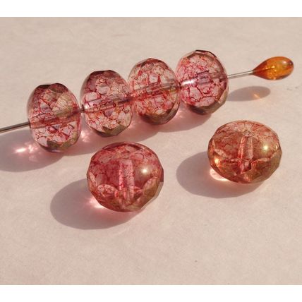 6 Fat Saucer Glass Beads 13mm x 9mm Faceted Edges Red Tinted Rondelle bd088