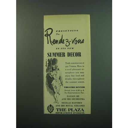 1949 The Plaza Hotel Ad - Presenting the Rendez-vous in its new summer dcor
