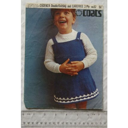 1965 Coats 62 flared pinafore dress & jumper, 3 ply & DK, 2-9 years, 22-28 inch