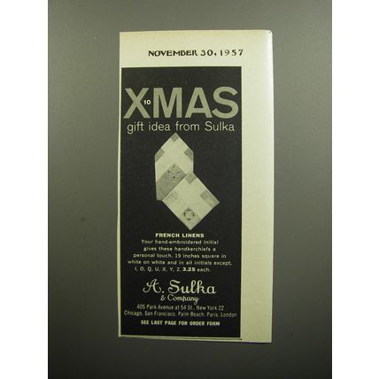 1957 A. Sulka Handkerchiefs Ad - Xmas gift idea from Sulka