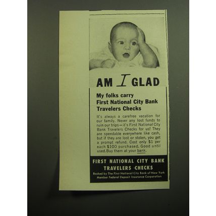 1957 First National City Bank Travelers Checks Ad - Am I glad my folks carry
