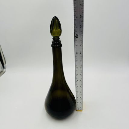 Glass Decanter With Stopper 14" MCM Green Olive Italy Art Vintage Large