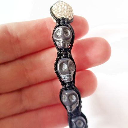 Skull Bracelet Woman Beads Adjustable Black Cord Steel Skull Biker Costume A55