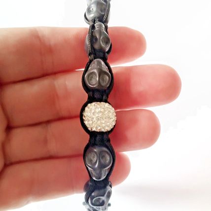Skull Bracelet Woman Beads Adjustable Black Cord Steel Skull Biker Costume A55