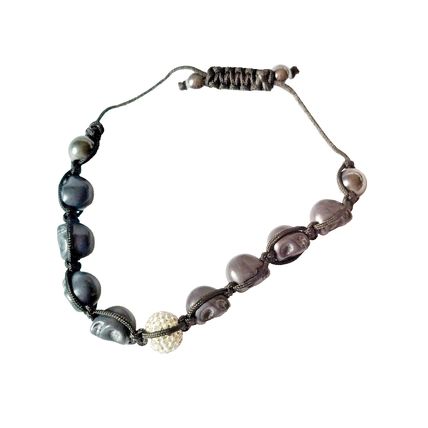 Skull Bracelet Woman Beads Adjustable Black Cord Steel Skull Biker Costume A55