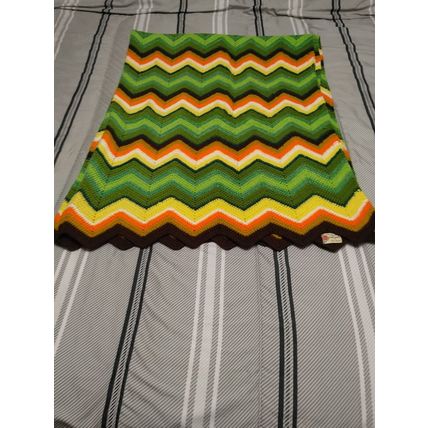 Crochet Handmade Dona Warner Chevron Afghan 55"x68" Green Yellow Brown White Tan