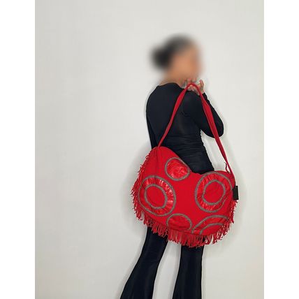 1980s Large Red Overnight Baby Bag Leather Fringed bAG MAKE OFFER!