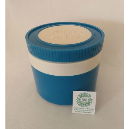 VINTAGE 1970s KING-SEELEY BLUE AND WHITE SOUP THERMOS w LID & STOPPER