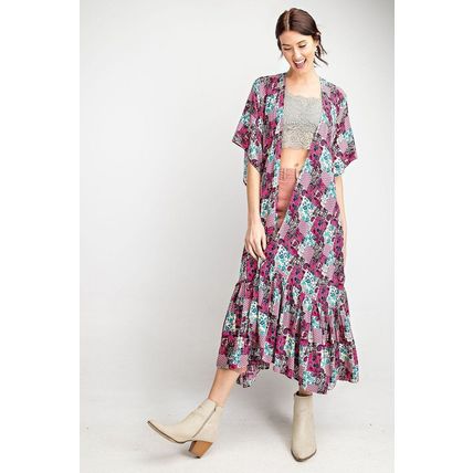 Women's Rayon Challis Ruffle Bottom Maxi Open Kimono