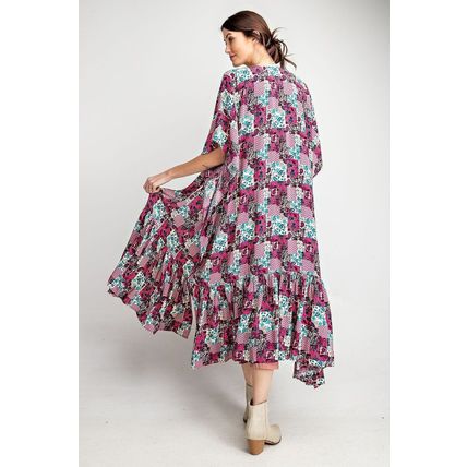 Women's Rayon Challis Ruffle Bottom Maxi Open Kimono