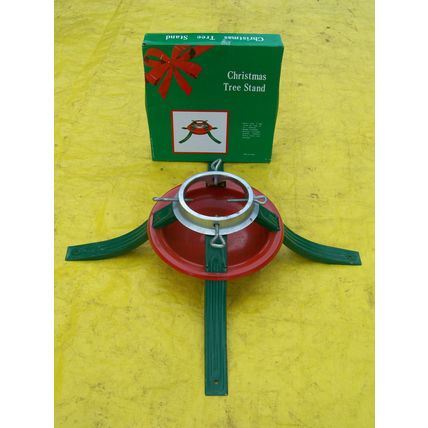VINTAGE CHRISTMAS TREE STAND, STEEL, RED/GREEN FOR REAL TREES (see description)