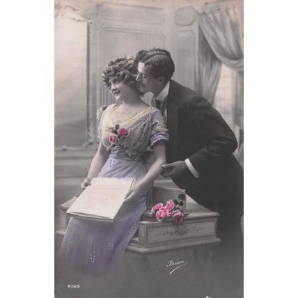Lovers At Piano Reading Paper Secret Code Old French Romantic Glamour Postcard