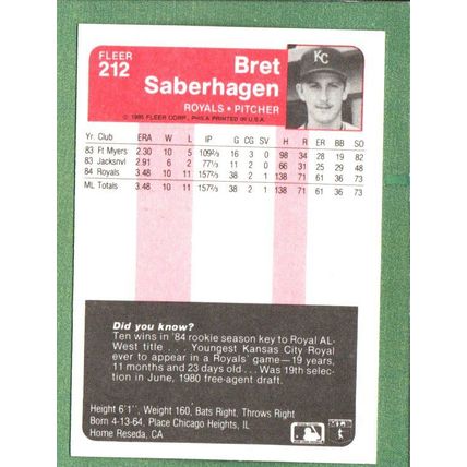 Bret Saberhagen #212 [Rookie] 1985 Fleer