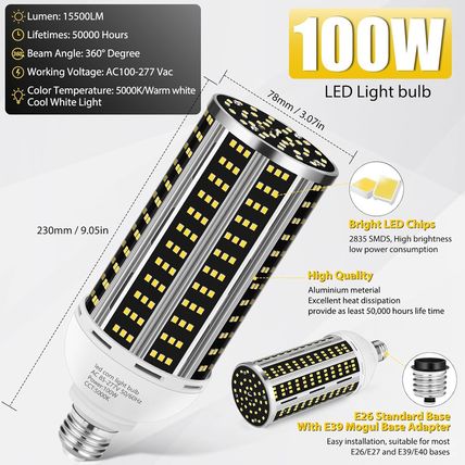 100W 2 Pack LED Corn Light Bulb,(1000W Equivalent )Commercial Grade Daylight 500