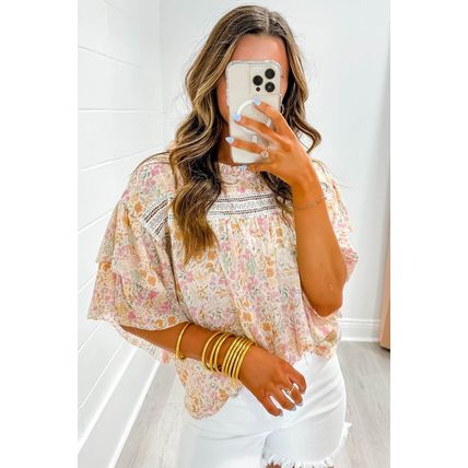 Multicolor Floral Print Wide Ruffle Sleeves Blouse
