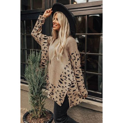 Khaki Leopard High Neck Side Slit Oversized Sweater
