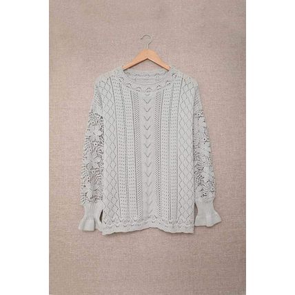 Gray Crochet Lace Pointelle Knit Sweater