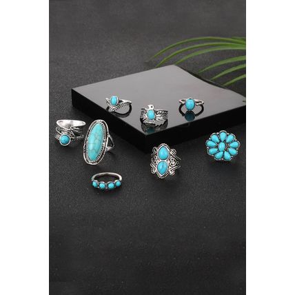 Green Vintage Western Turquoise 8-piece Ring Set