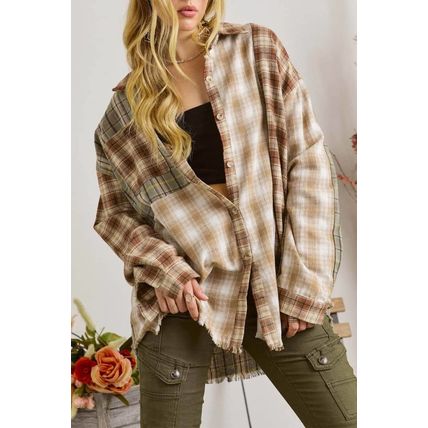 Brown Multi Plaid Patchwork Raw Edge Casual Shirt