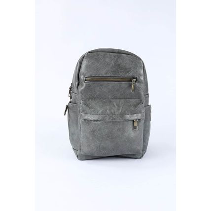 Gray Double Zipper Faux Leather Backpack