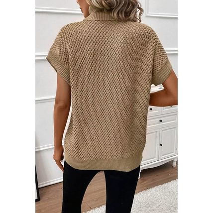 Pale Khaki Turtleneck Textured Short Sleeve Sweater