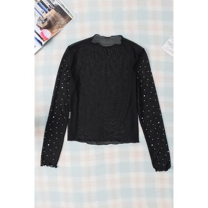 Black Rhinestone Sheer Mesh Slim Fit Long Sleeve Top
