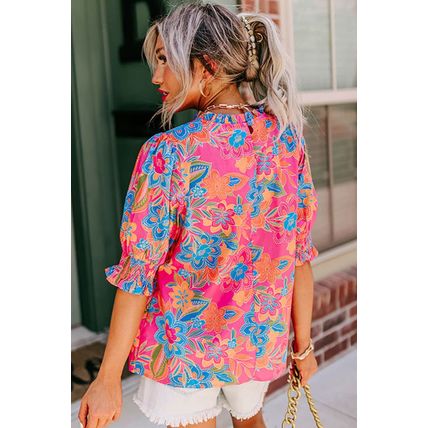 Rose Frilly Mock Neck Short Puff Sleeve Floral Blouse