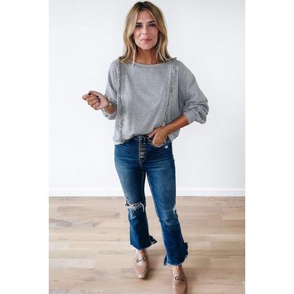 Light Grey Waffle Patchwork Long Sleeve Raw Hem Pullover Top