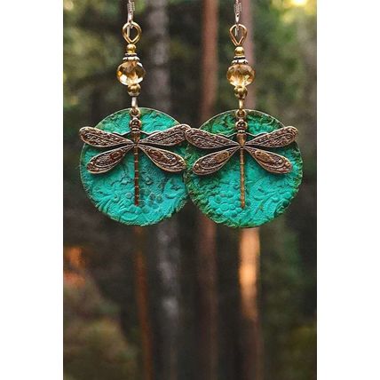 Dark Green Retro Dragonfly Hook Drop Earrings