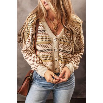 Khaki Buttoned V Neck Cropped Cardigan