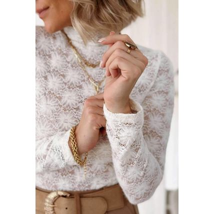 White Floral Lace High Neck Long Sleeve Top