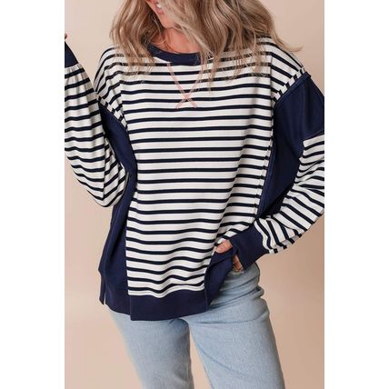 White Stripe Color Block Exposed Seam Loose Fit Sweatshirt