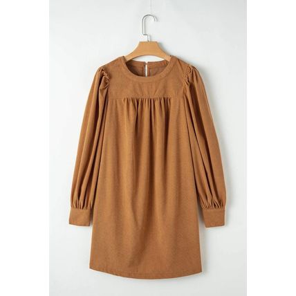 Desert Gold Corduroy Pleated Puff Sleeve Shift Short Dress